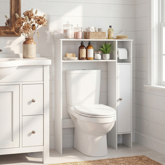 Wood Over the Toilet Bathroom Space Saver with Paper Holder and Shelf-White