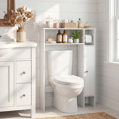 Wood Over the Toilet Bathroom Space Saver with Paper Holder and Shelf-White