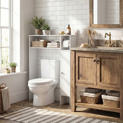 Wood Over the Toilet Bathroom Space Saver with Paper Holder and Shelf-White