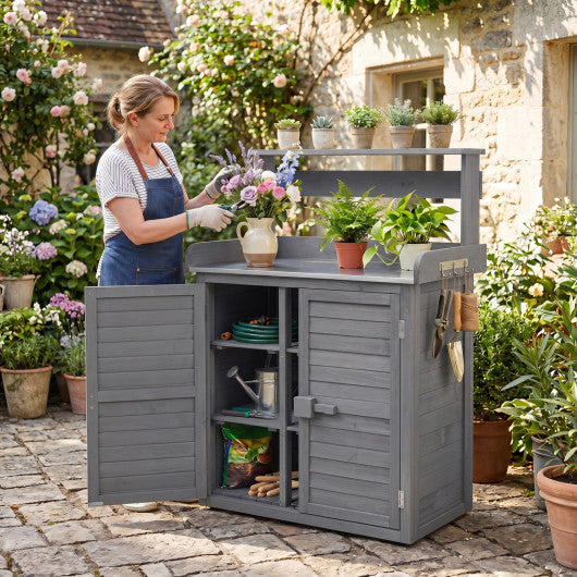 Wood Plant Workstation with Stainless Steel Tabletop and Removable Shelves-Gray