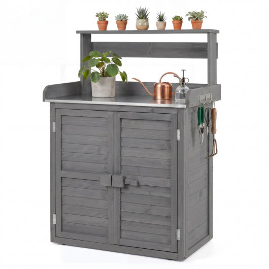 Wood Plant Workstation with Stainless Steel Tabletop and Removable Shelves-Gray