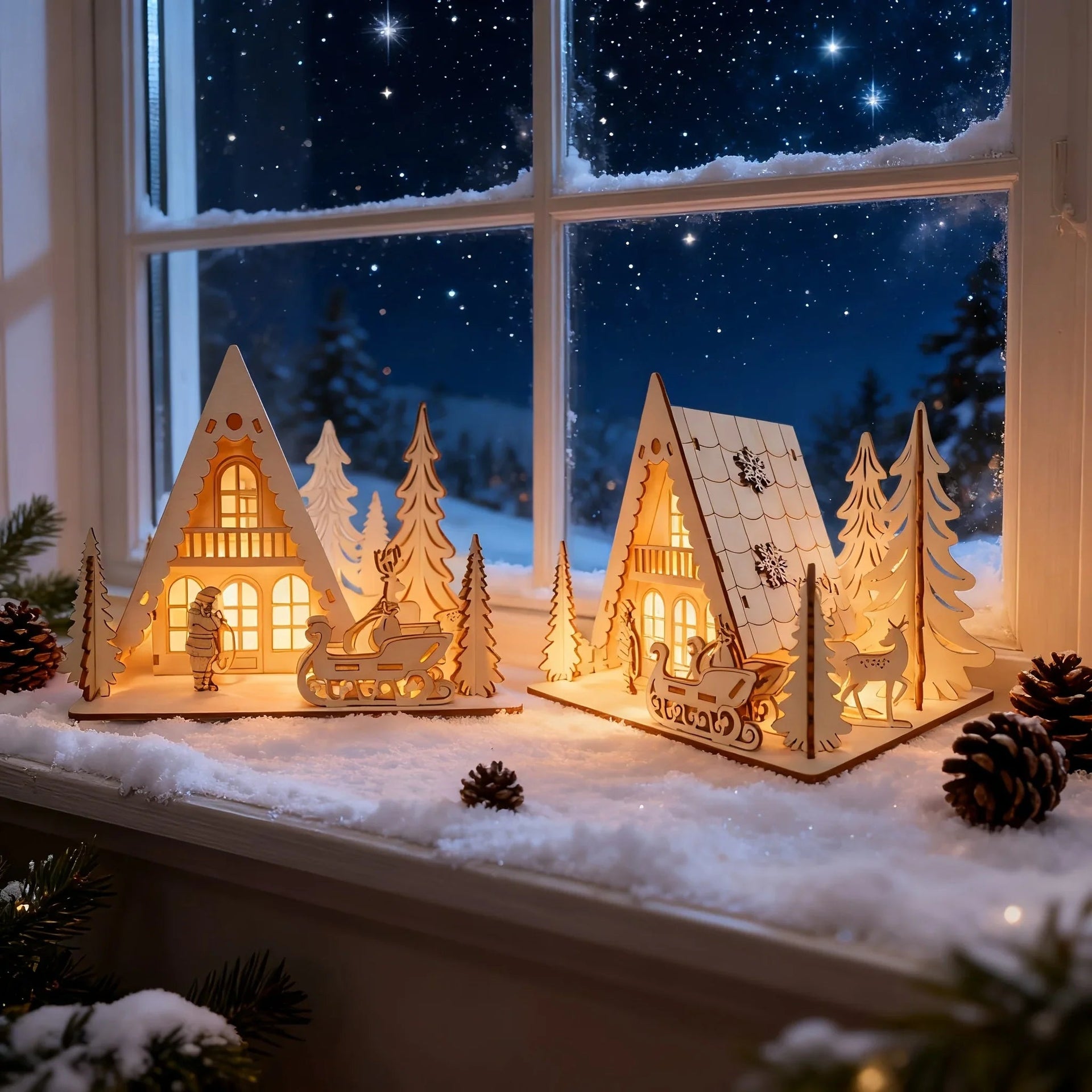 Wooden 3D Christmas House Decoration with Laser-Cut Santa Scene
