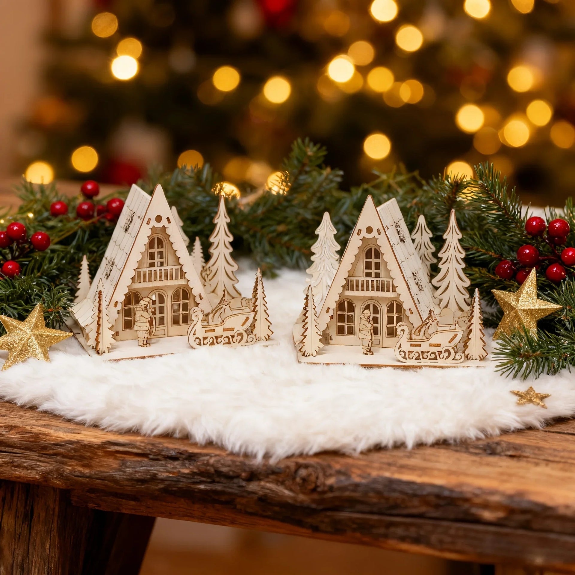 Wooden 3D Christmas House Decoration with Laser-Cut Santa Scene