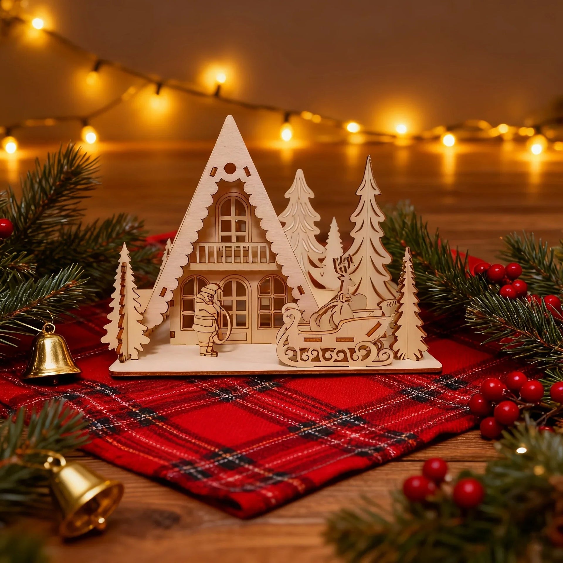 Wooden 3D Christmas House Decoration with Laser-Cut Santa Scene