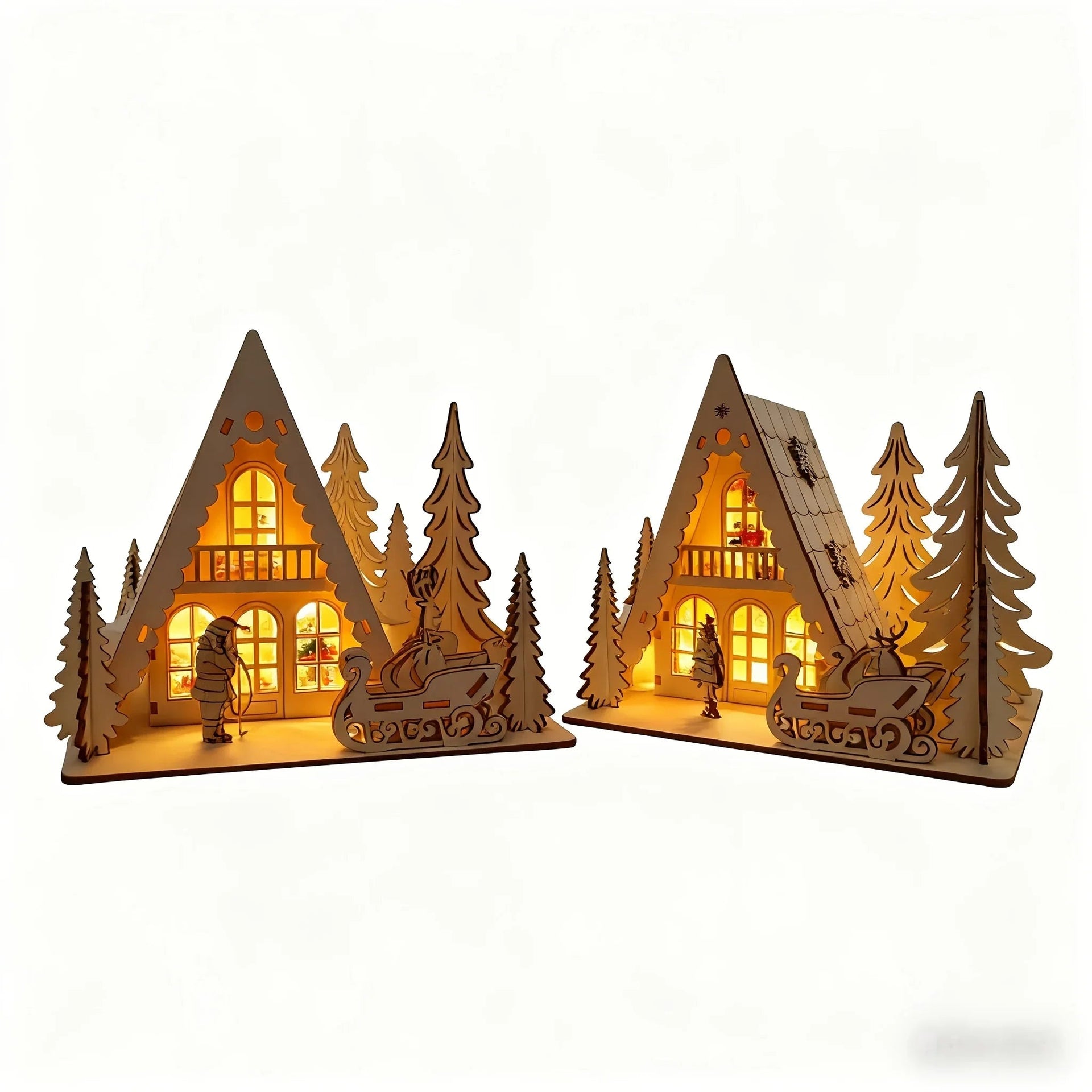 Wooden 3D Christmas House Decoration with Laser-Cut Santa Scene