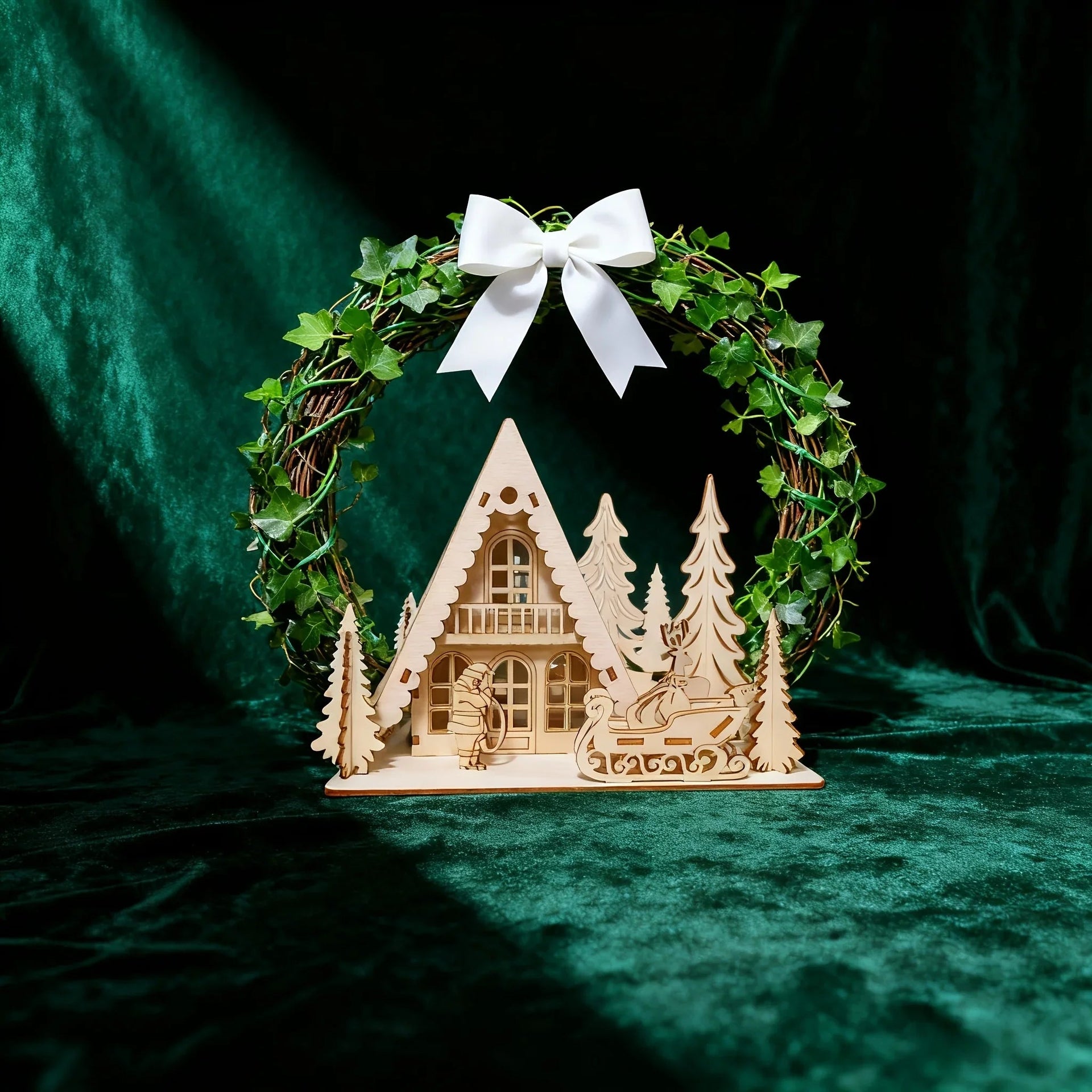 Wooden 3D Christmas House Decoration with Laser-Cut Santa Scene