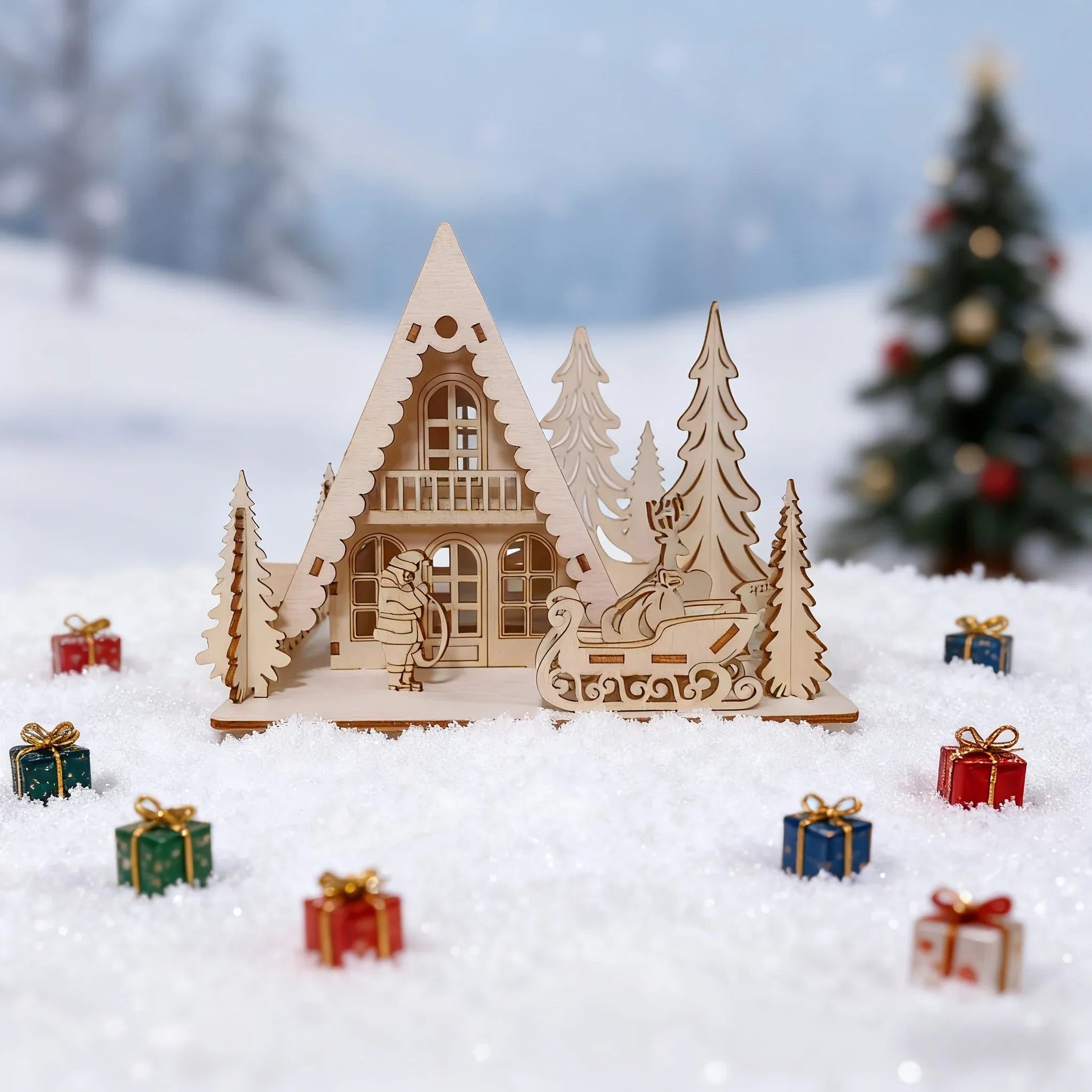 Wooden 3D Christmas House Decoration with Laser-Cut Santa Scene