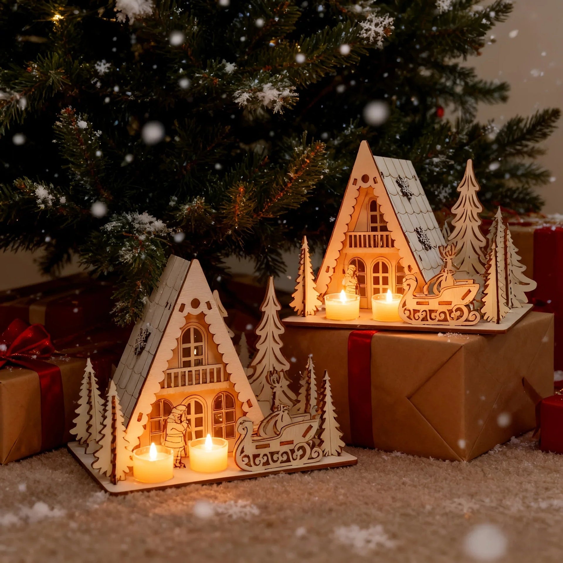 Wooden 3D Christmas House Decoration with Laser-Cut Santa Scene