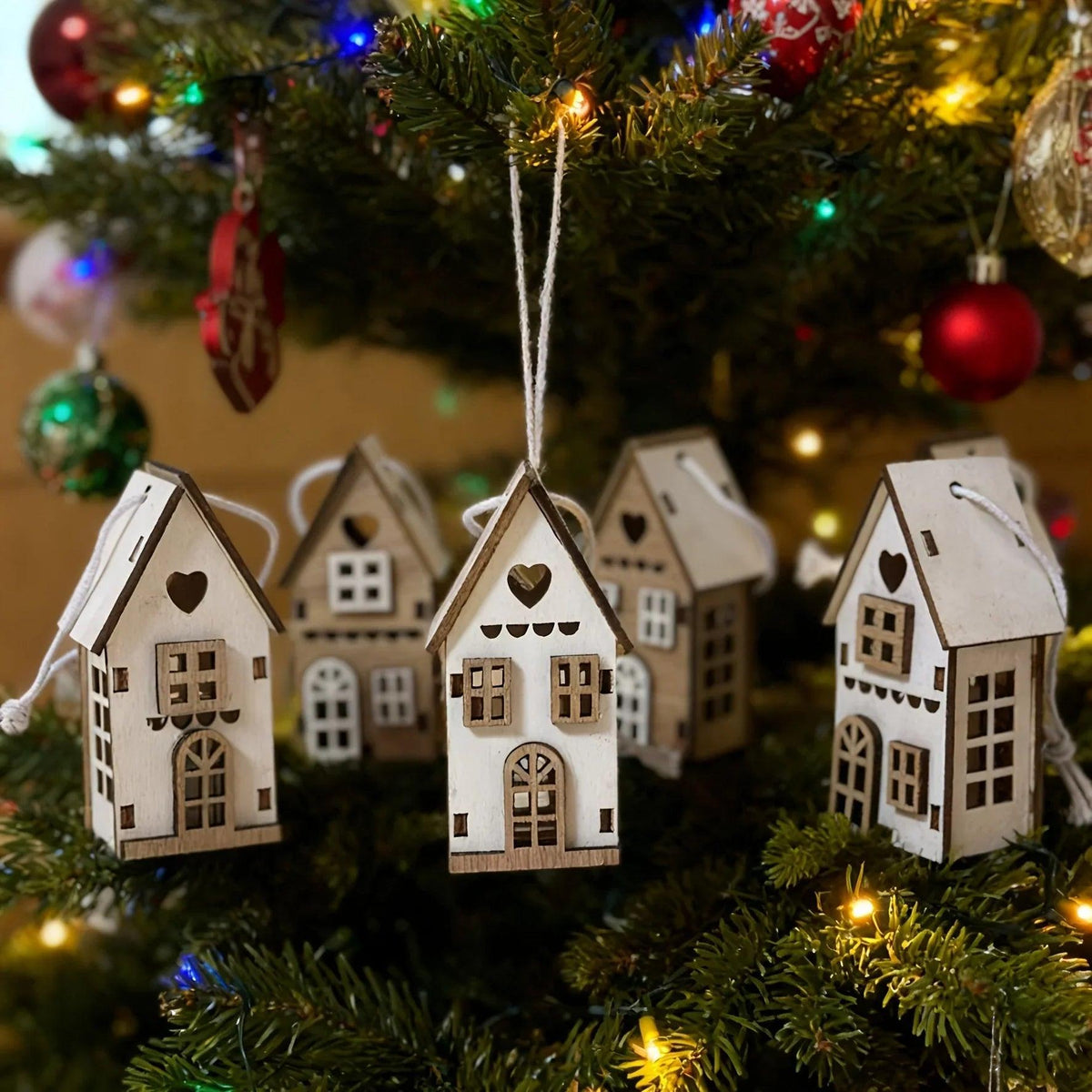 Wooden 3D Hanging House Ornament Brown and White with Windows