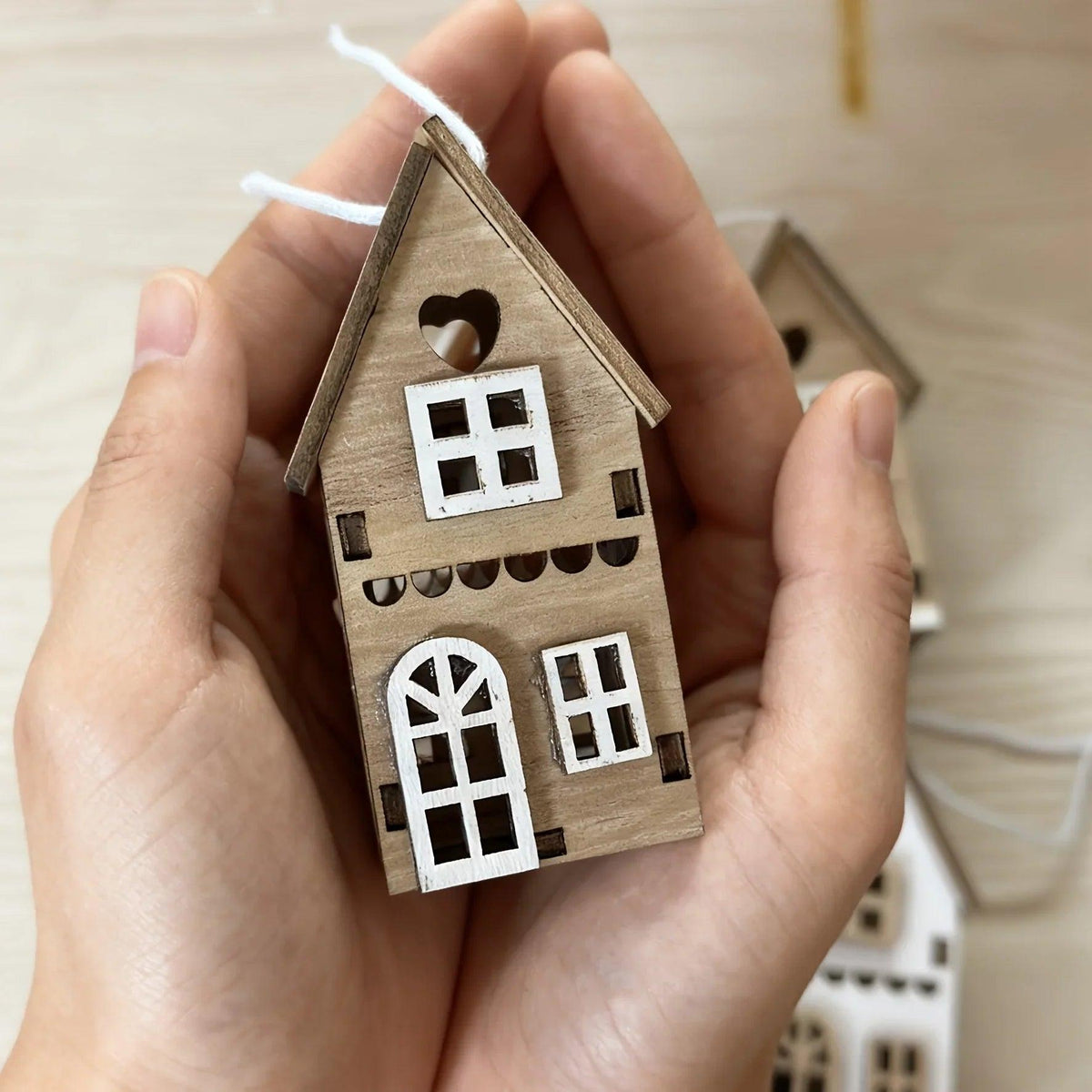 Wooden 3D Hanging House Ornament Brown and White with Windows