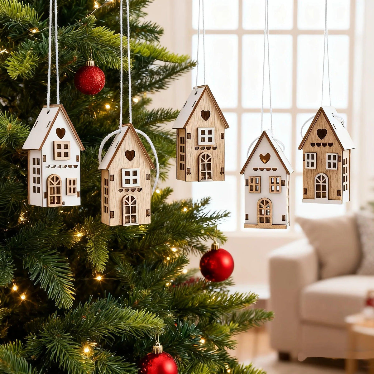 Wooden 3D Hanging House Ornament Brown and White with Windows