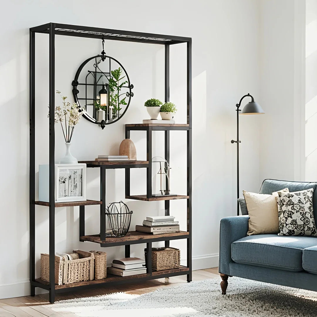 Wooden 5-Tier Bookshelf with Hanging Hooks, 70.9 Inch Tall Natural Wood Plant Stand
