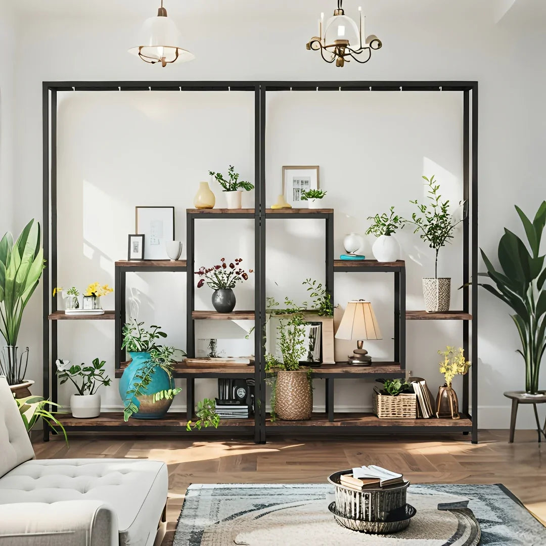 Wooden 5-Tier Bookshelf with Hanging Hooks, 70.9 Inch Tall Natural Wood Plant Stand