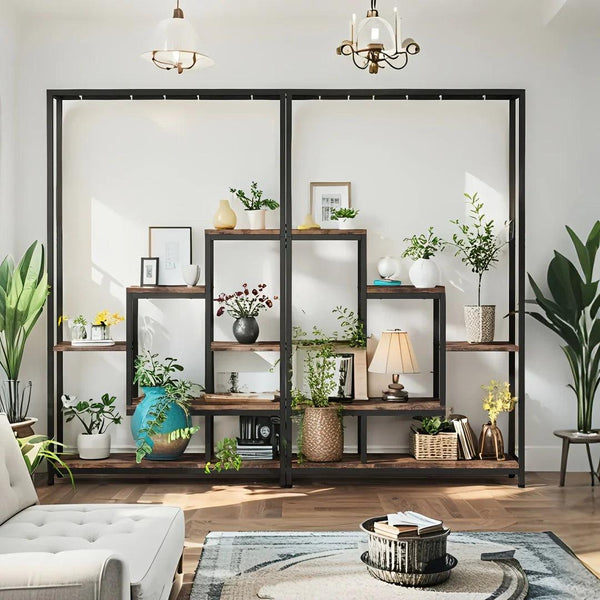 Wooden 5-Tier Bookshelf with Hanging Hooks, 70.9 Inch Tall Natural Wood Plant Stand