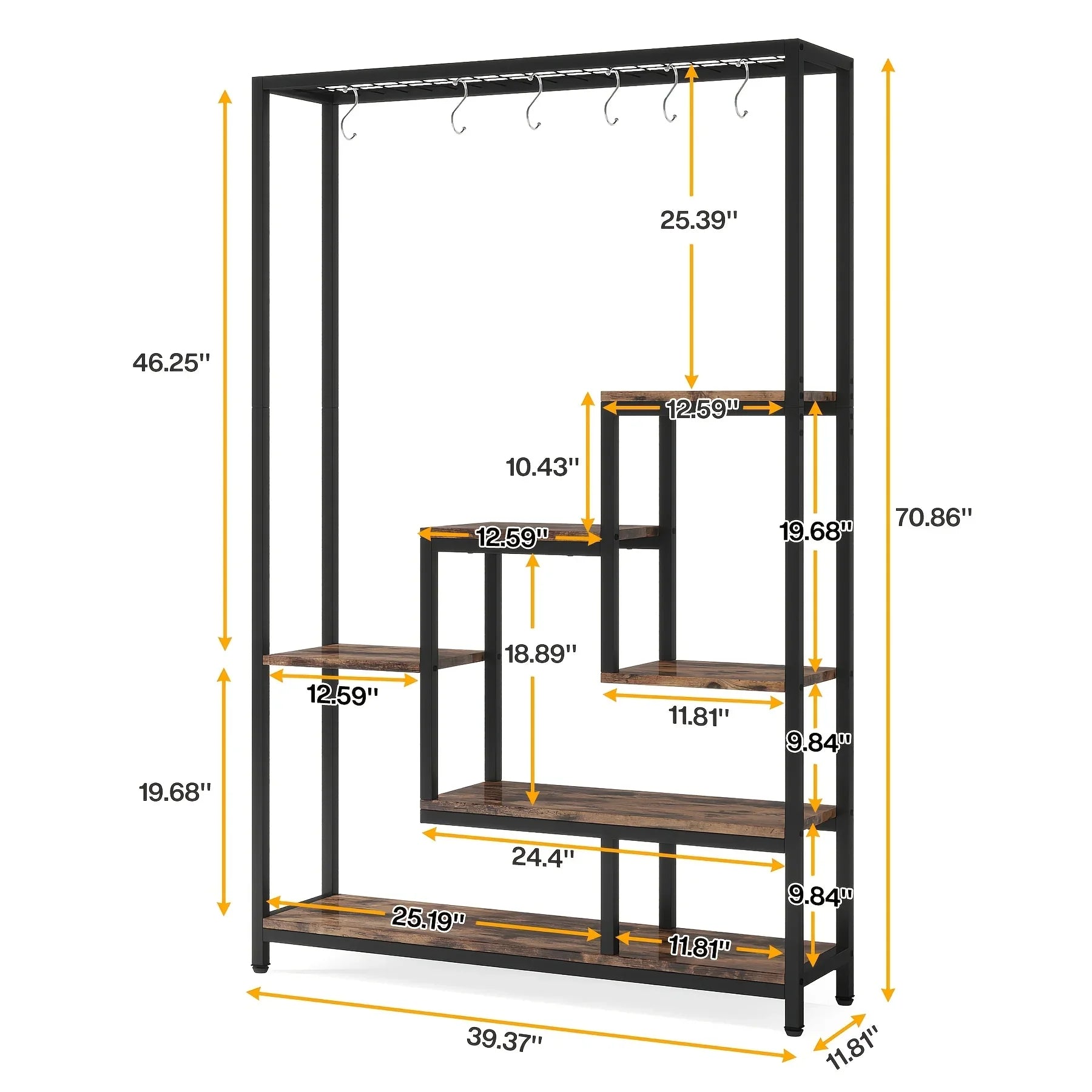 Wooden 5-Tier Bookshelf with Hanging Hooks, 70.9 Inch Tall Natural Wood Plant Stand