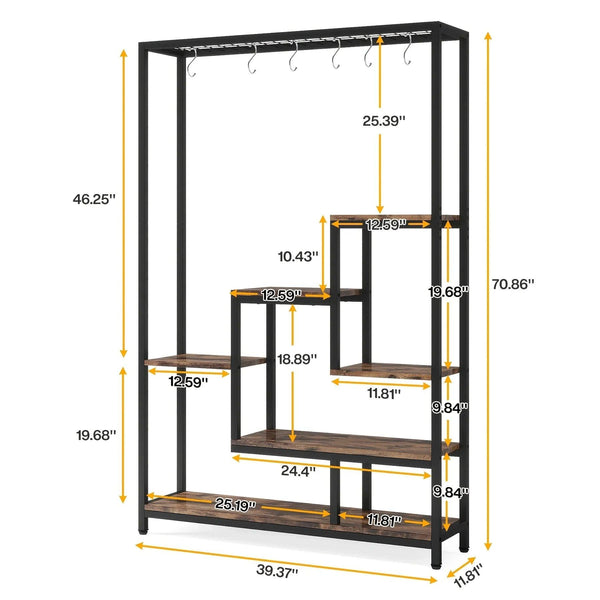 Wooden 5-Tier Bookshelf with Hanging Hooks, 70.9 Inch Tall Natural Wood Plant Stand