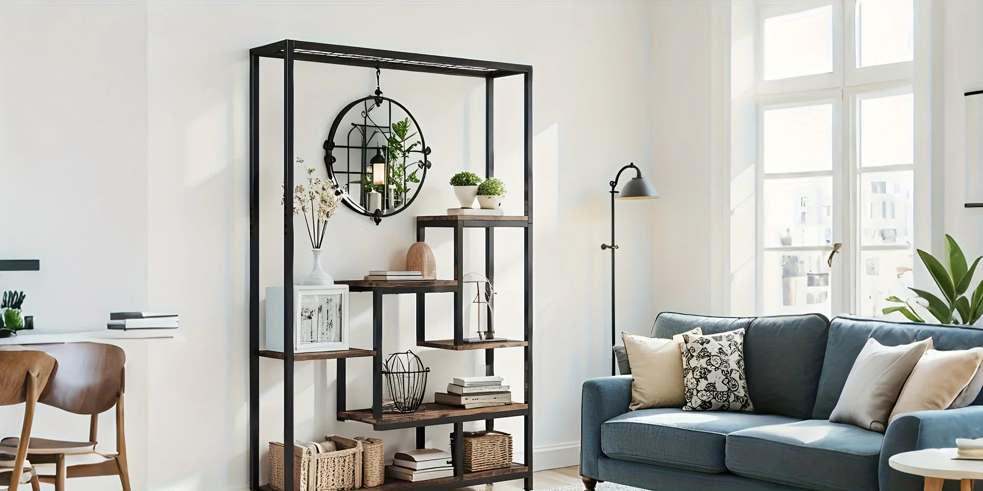 Wooden 5-Tier Bookshelf with Hanging Hooks, 70.9 Inch Tall Natural Wood Plant Stand