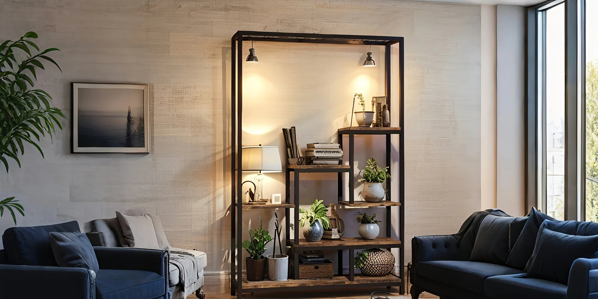 Wooden 5-Tier Bookshelf with Hanging Hooks, 70.9 Inch Tall Natural Wood Plant Stand