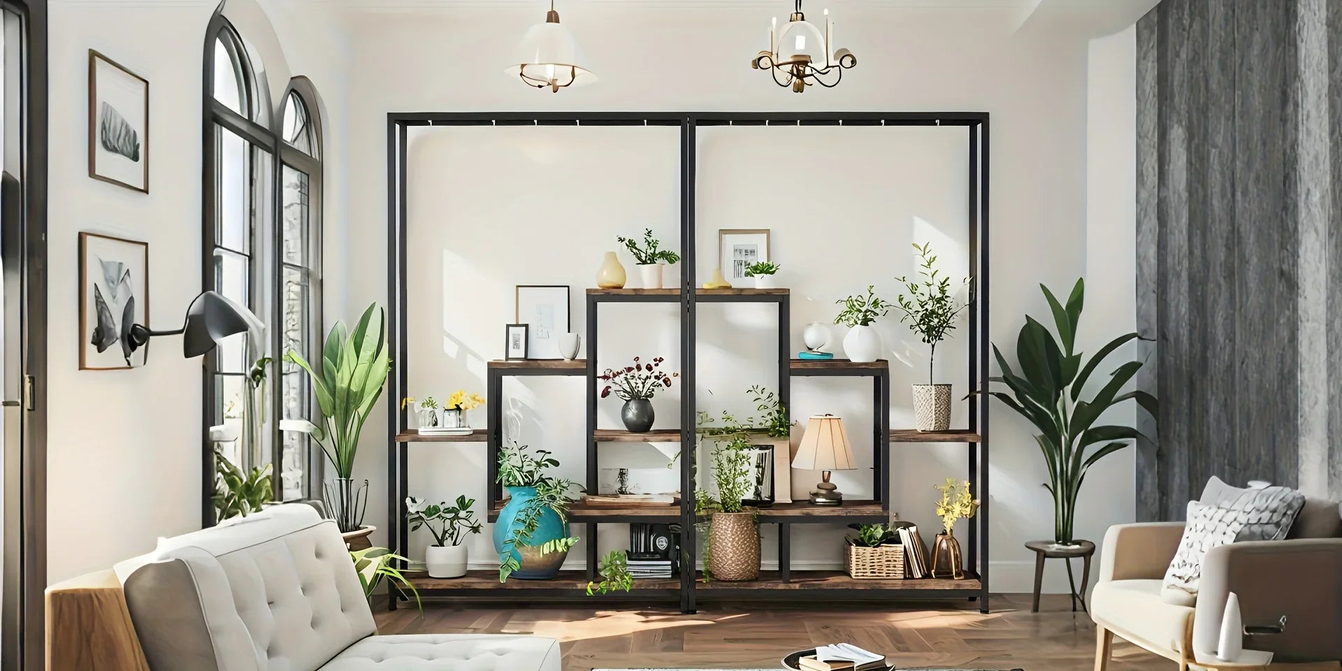 Wooden 5-Tier Bookshelf with Hanging Hooks, 70.9 Inch Tall Natural Wood Plant Stand