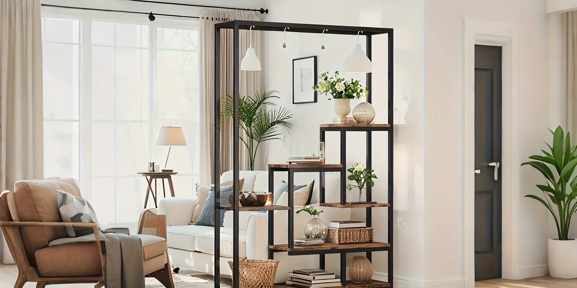 Wooden 5-Tier Bookshelf with Hanging Hooks, 70.9 Inch Tall Natural Wood Plant Stand