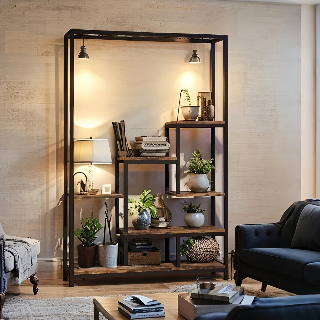 Wooden 5-Tier Bookshelf with Hanging Hooks, 70.9 Inch Tall Natural Wood Plant Stand