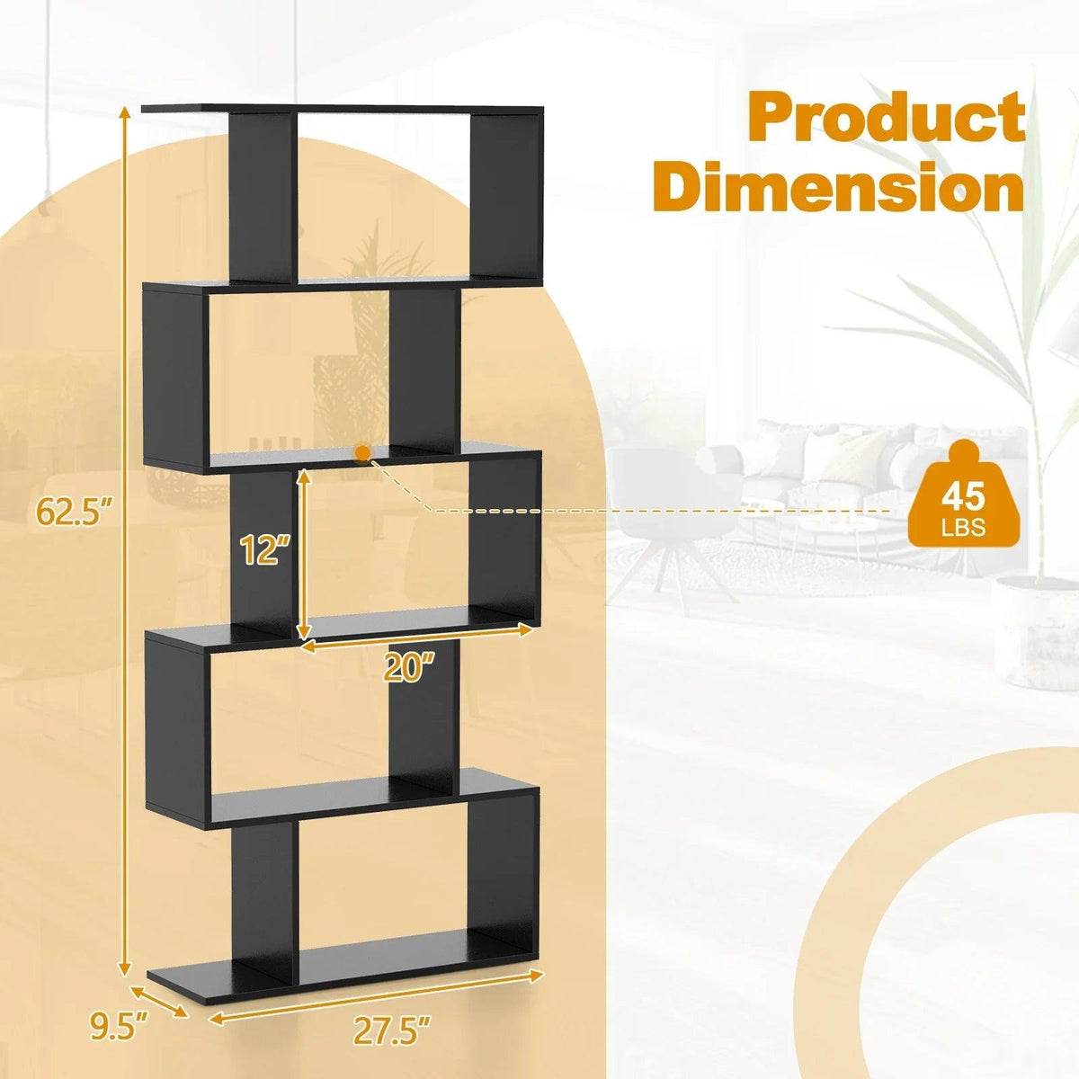 Wooden 5-Tier Geometric Bookshelf with S-Shaped Design