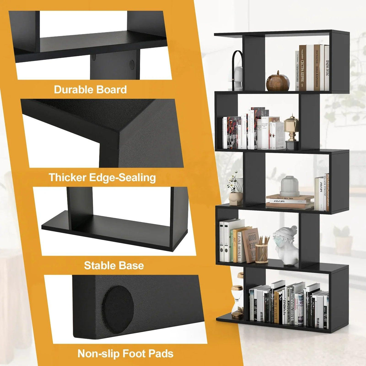 Wooden 5-Tier Geometric Bookshelf with S-Shaped Design