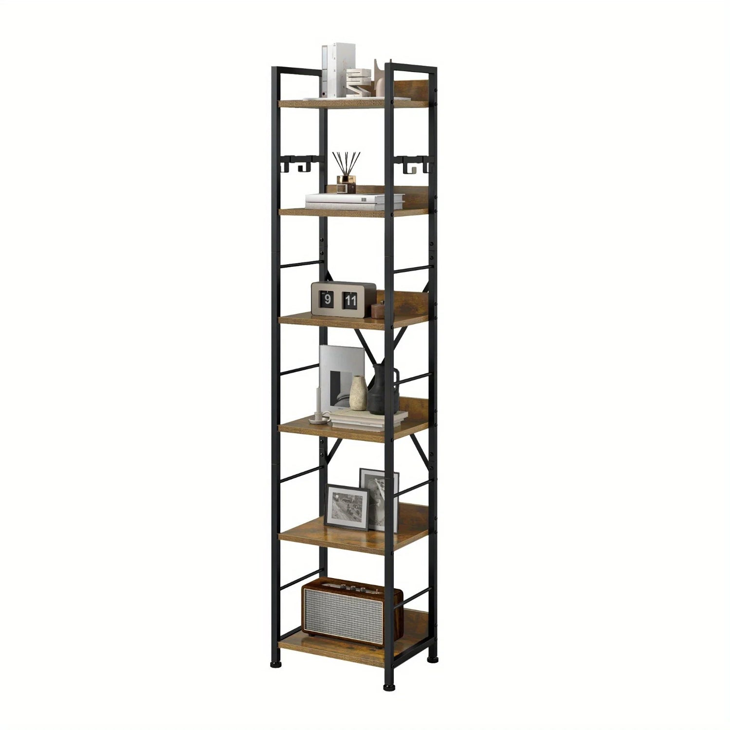 Wooden 6-Tier Brown Bookshelf with Storage Hooks