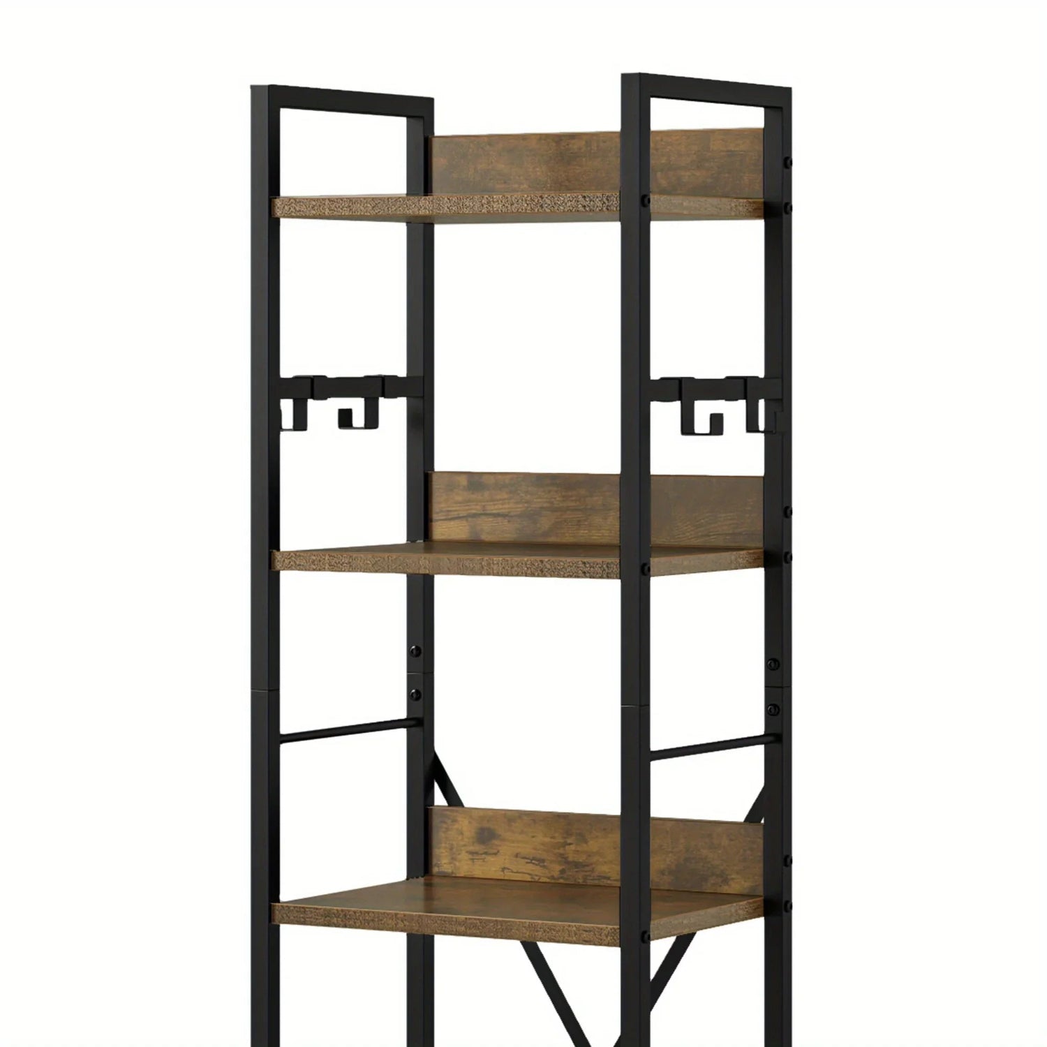Wooden 6-Tier Brown Bookshelf with Storage Hooks