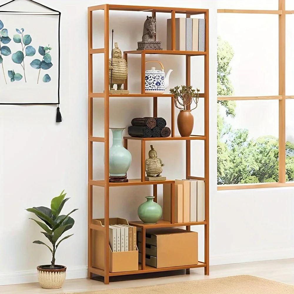 Wooden 7-Tier S-Shaped Bookcase with Storage