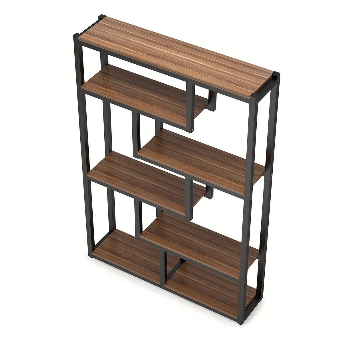 Wooden Bookcase with Staggered Shelves Modern Design