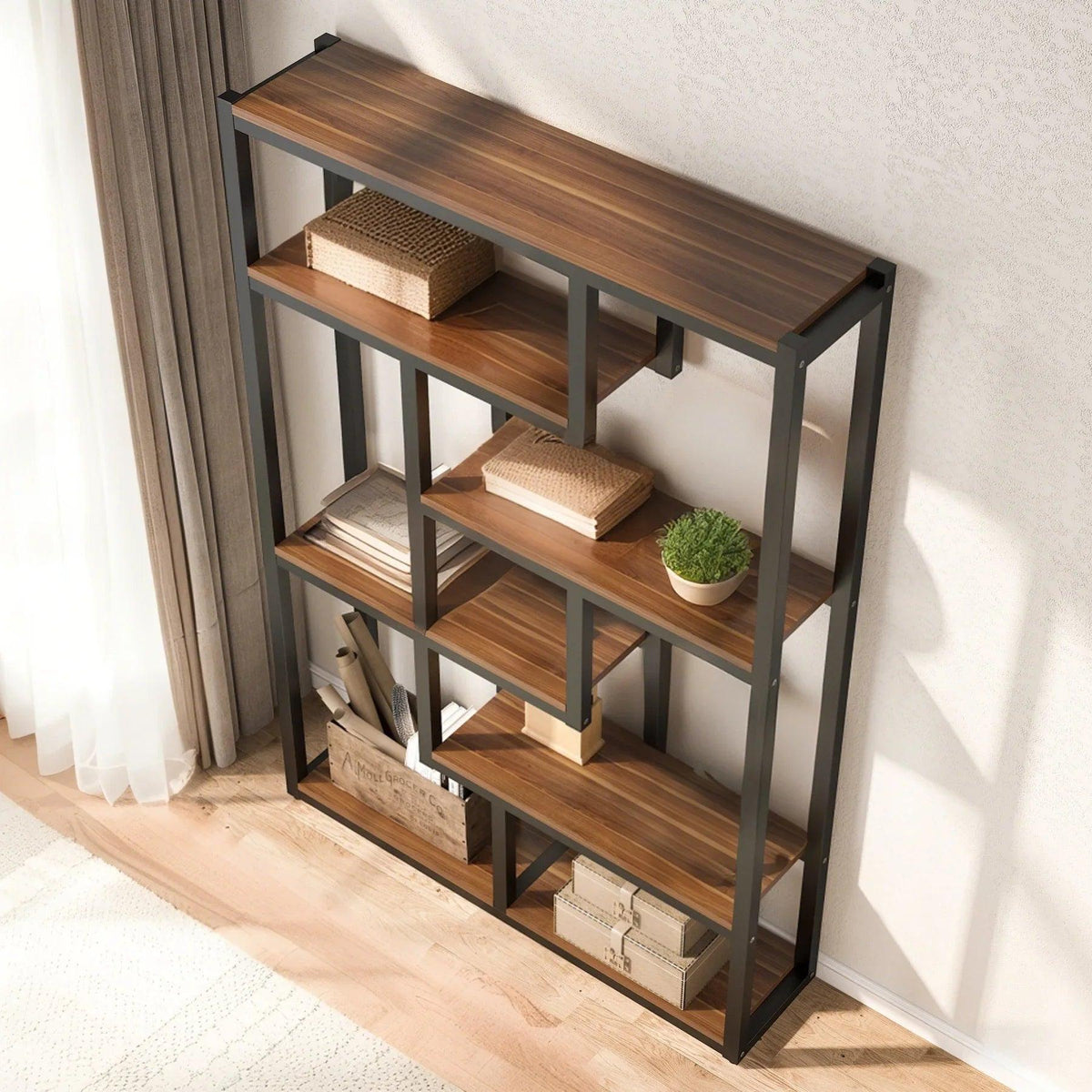 Wooden Bookcase with Staggered Shelves Modern Design