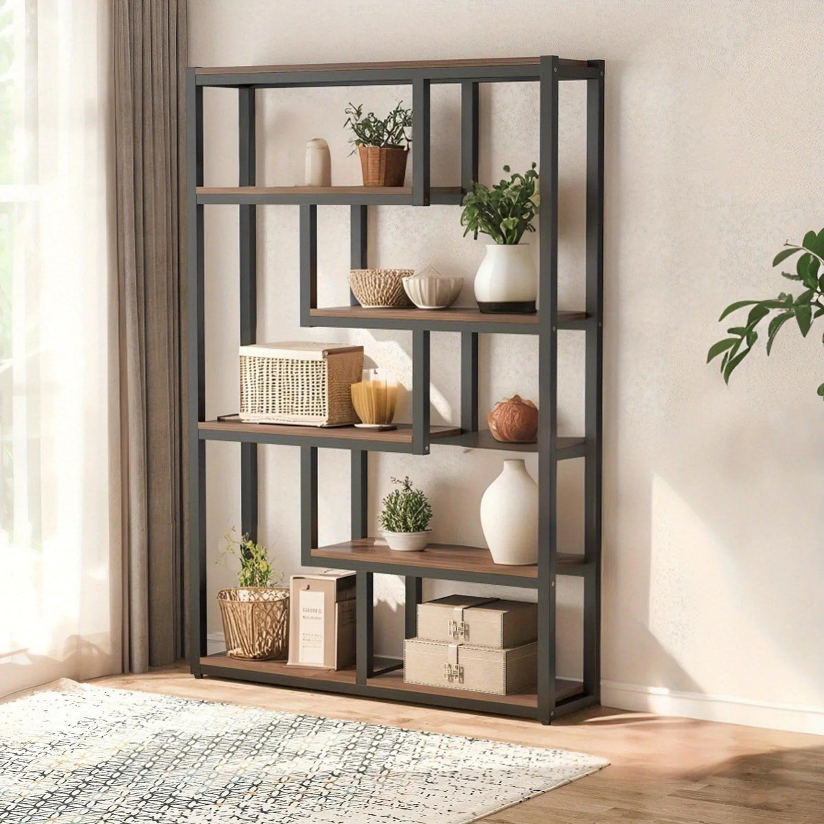 Wooden Bookcase with Staggered Shelves Modern Design