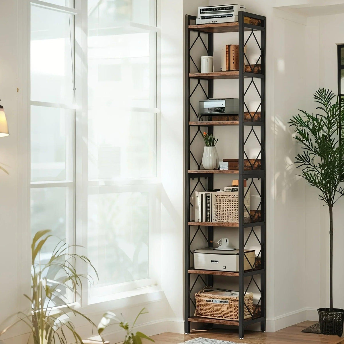 Wooden Corner Bookshelf 7-Tier Extra Tall Skinny Organizer