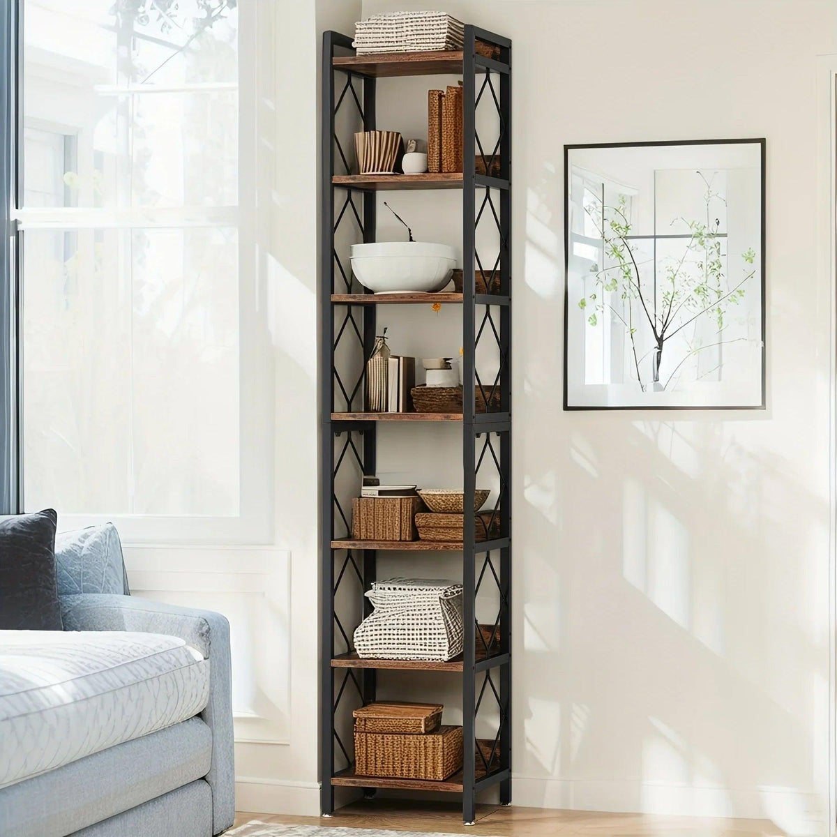 Wooden Corner Bookshelf 7-Tier Extra Tall Skinny Organizer