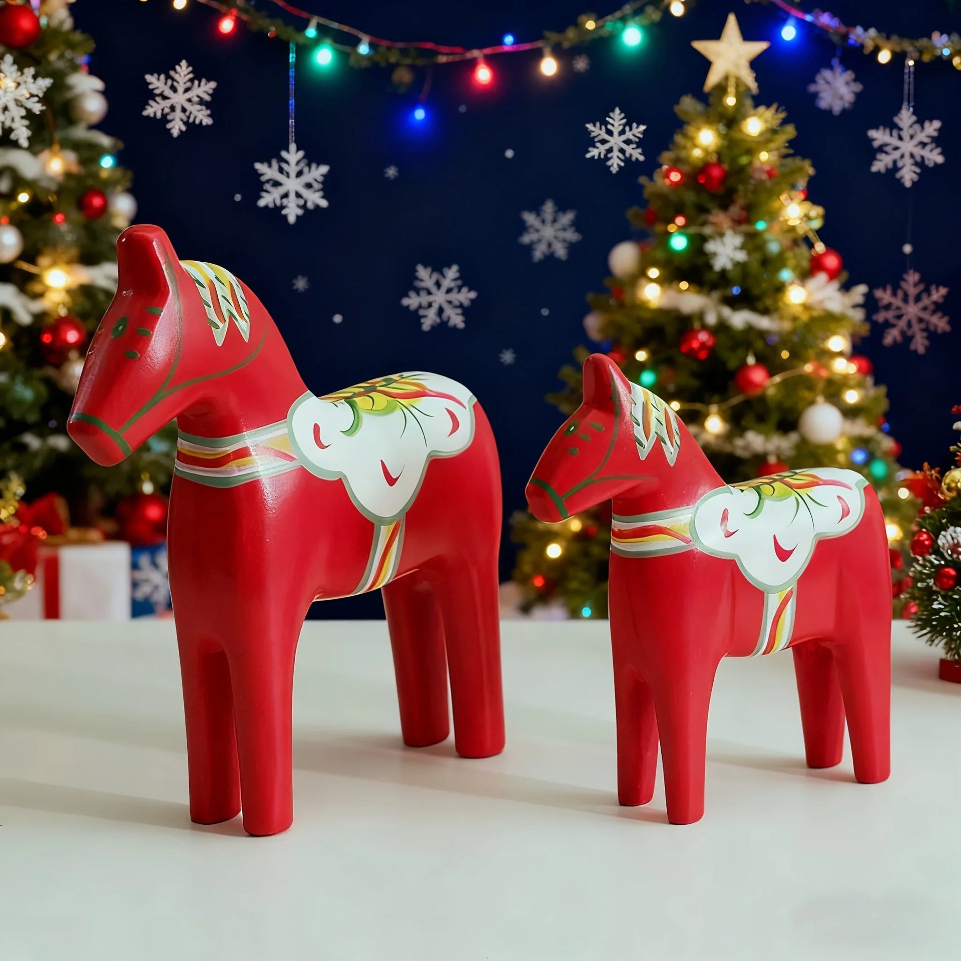 Wooden Dala Horse Figurines, Hand Painted Red Pair, Nordic Design