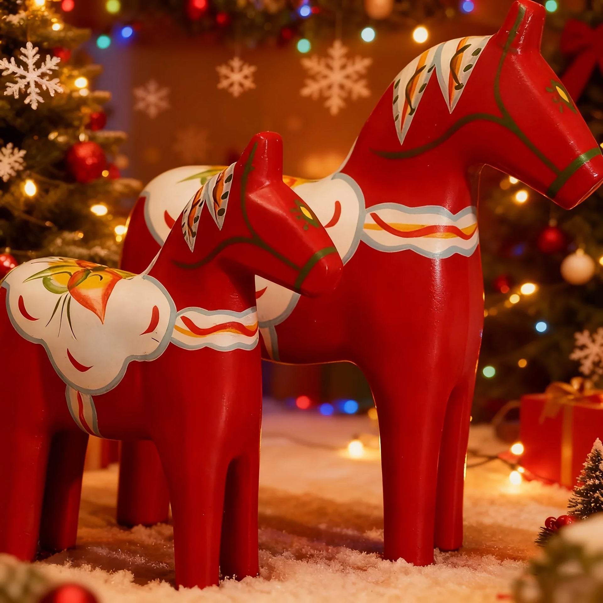 Wooden Dala Horse Figurines, Hand Painted Red Pair, Nordic Design
