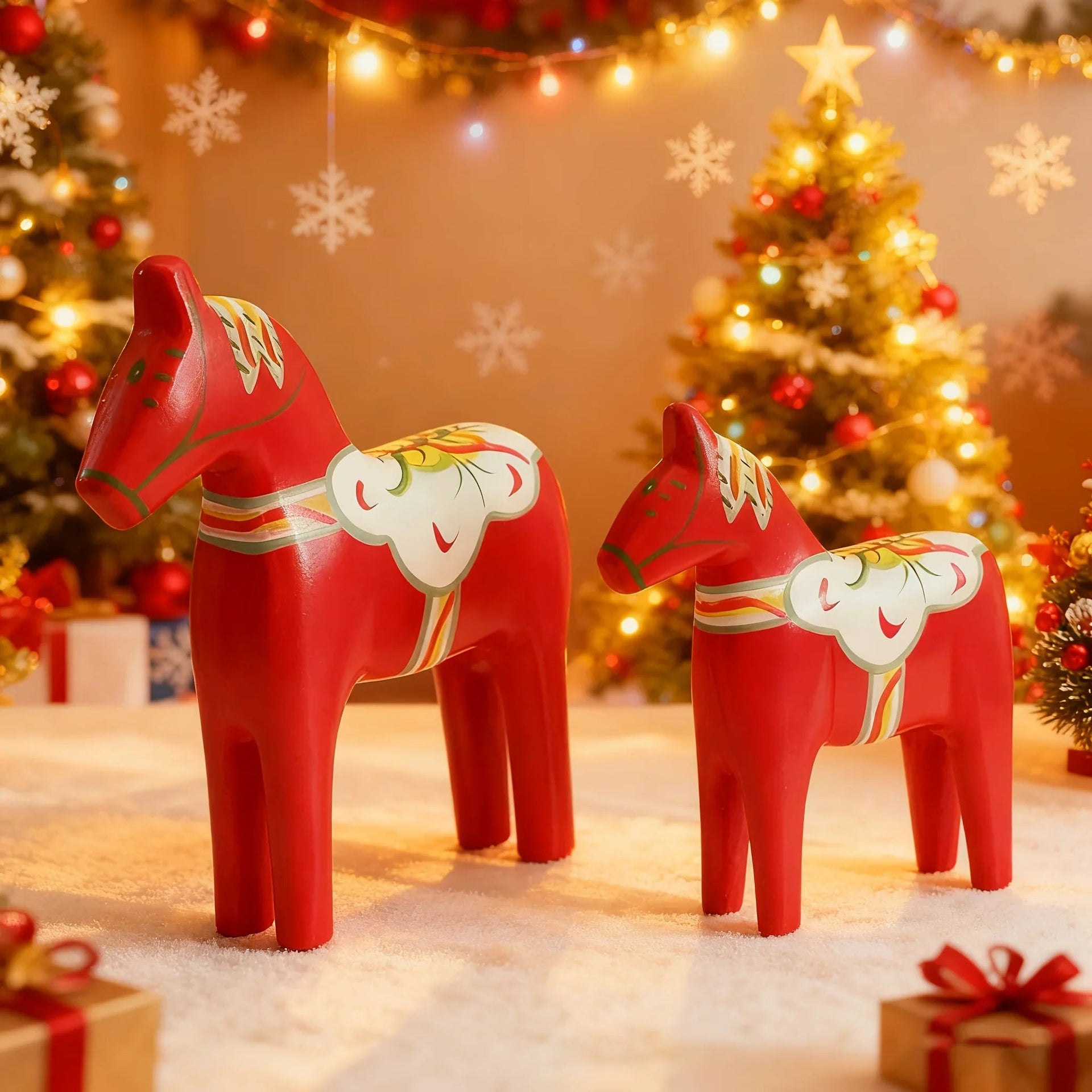 Wooden Dala Horse Figurines, Hand Painted Red Pair, Nordic Design
