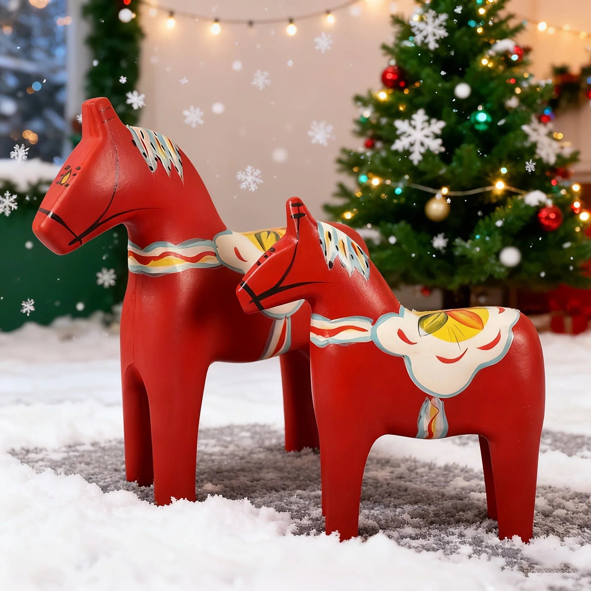 Wooden Dala Horse Figurines, Hand Painted Red Pair, Nordic Design