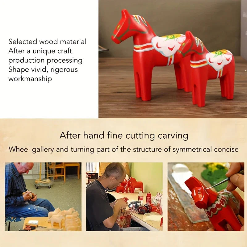 Wooden Dala Horse Figurines, Hand Painted Red Pair, Nordic Design