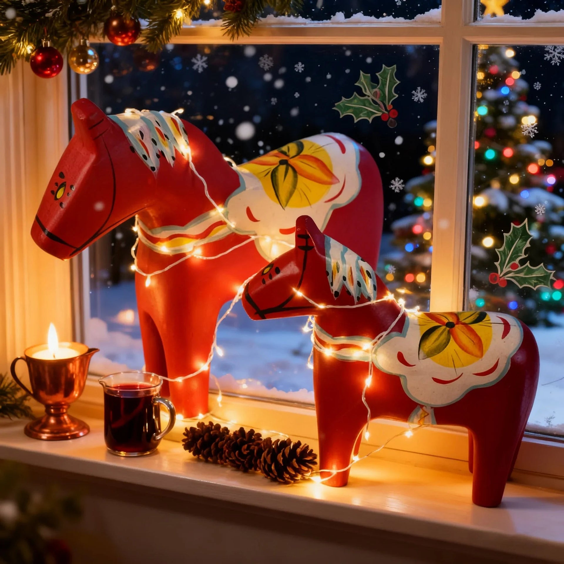 Wooden Dala Horse Figurines, Hand Painted Red Pair, Nordic Design