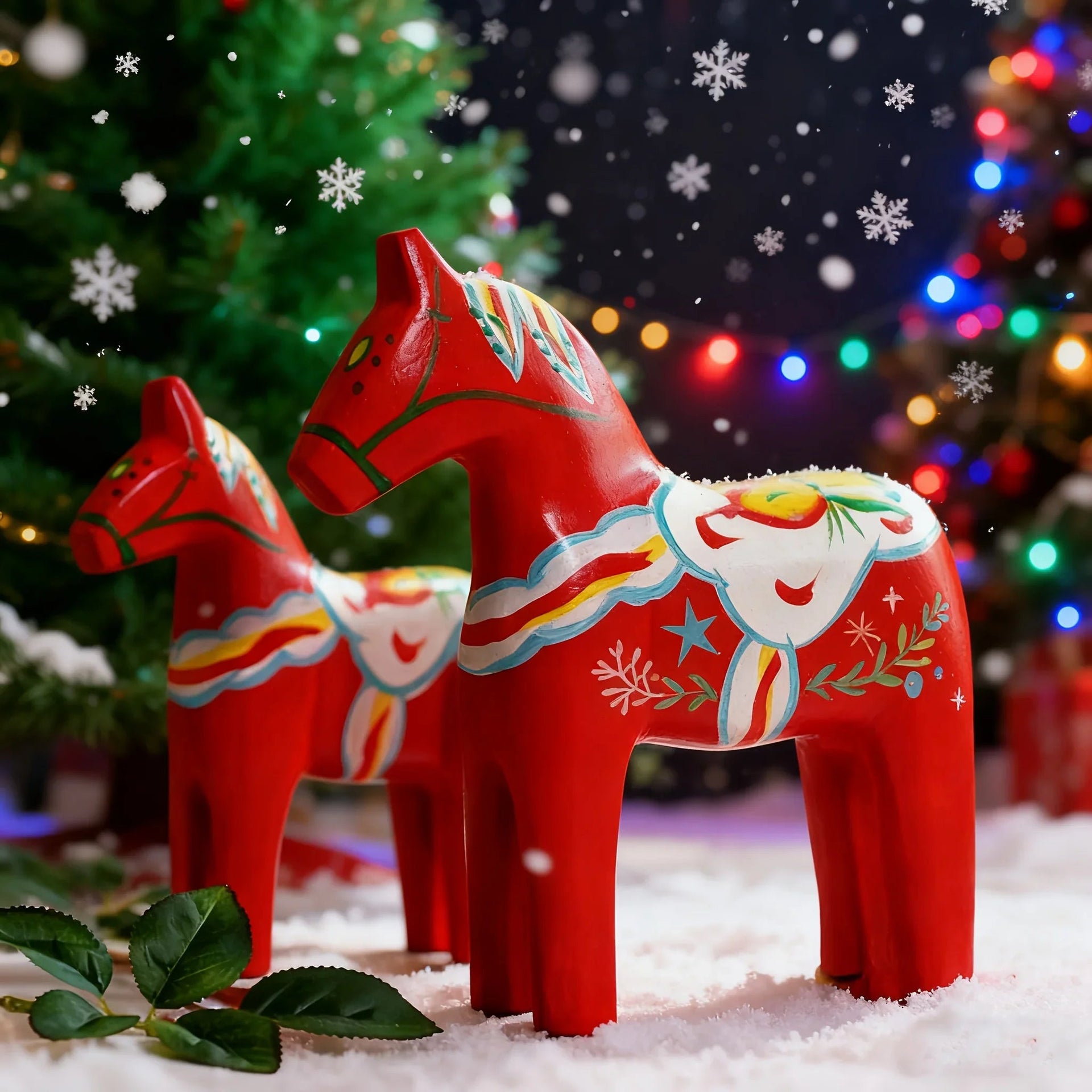 Wooden Dala Horse Figurines, Hand Painted Red Pair, Nordic Design