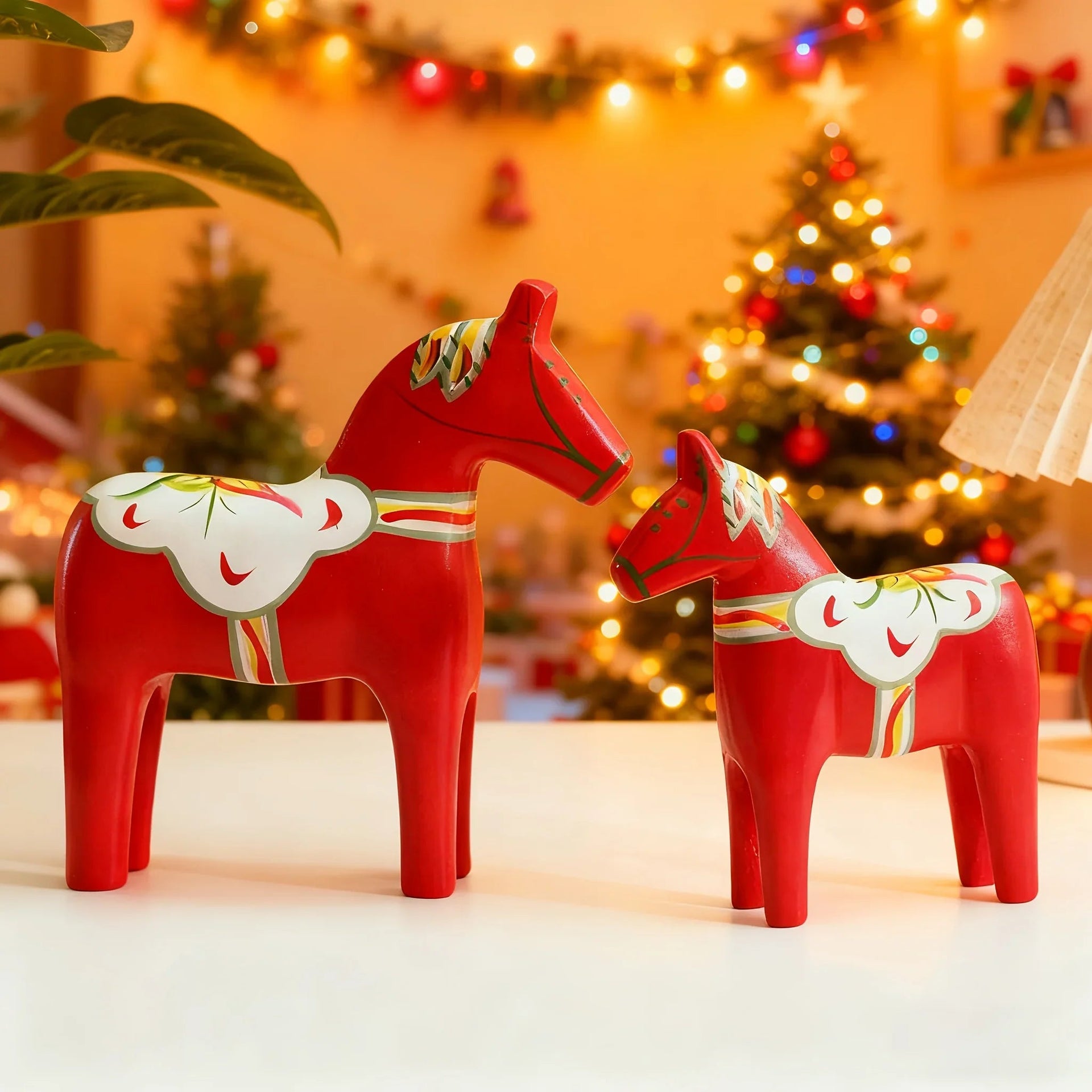 Wooden Dala Horse Figurines, Hand Painted Red Pair, Nordic Design