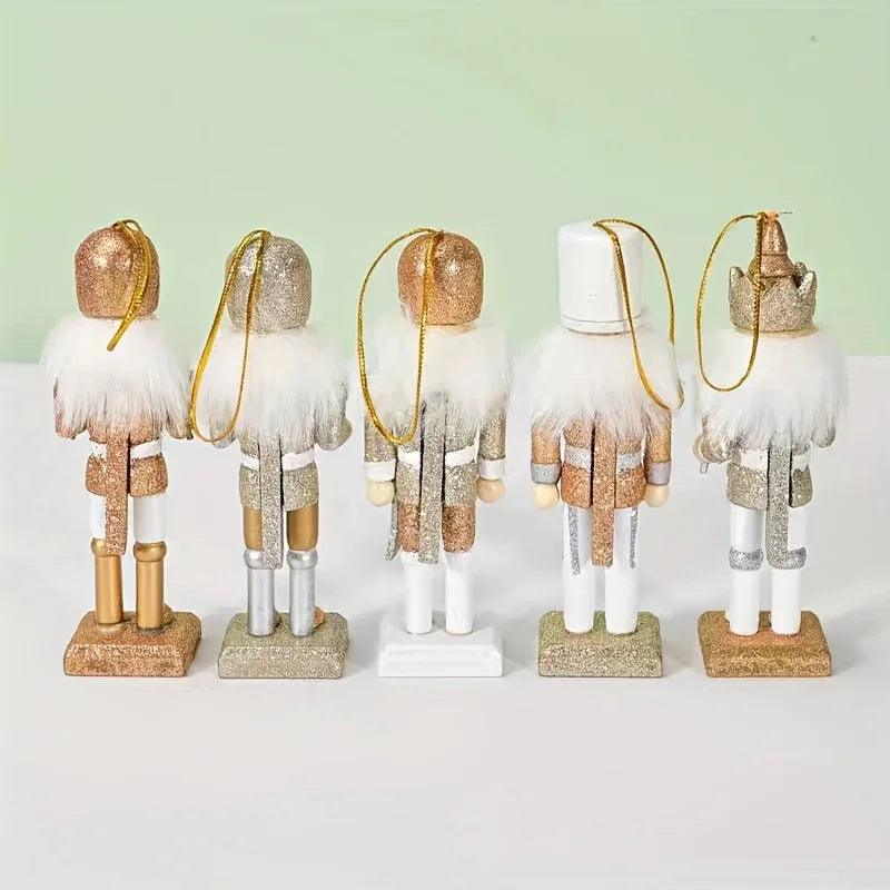 Wooden Nutcracker Ornaments, Golden Glitter, 5pcs Christmas Tree Decor