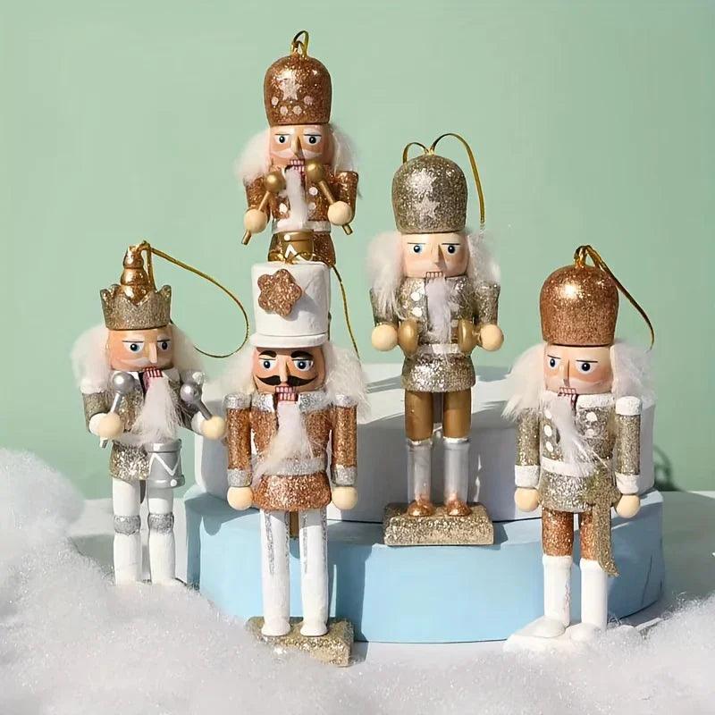 Wooden Nutcracker Ornaments, Golden Glitter, 5pcs Christmas Tree Decor