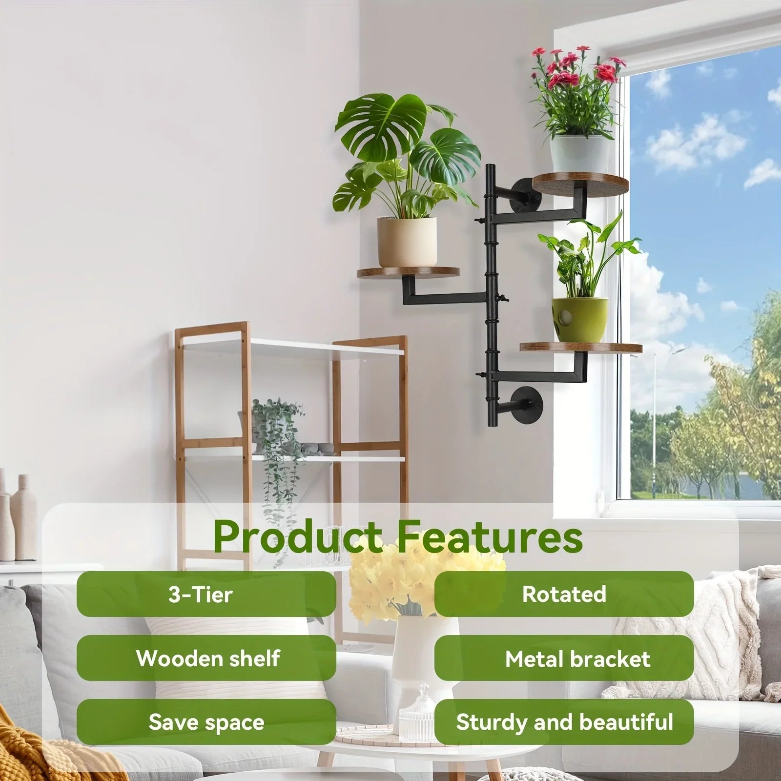 Wooden Rotatable Window Sill Plant Stand, 3 Tier Wall Plant Stand, 180 Degree Rotating Plant Stand, Mid-Century Wooden Style Plant Stand For Indoor And Outdoor Decoration (black)