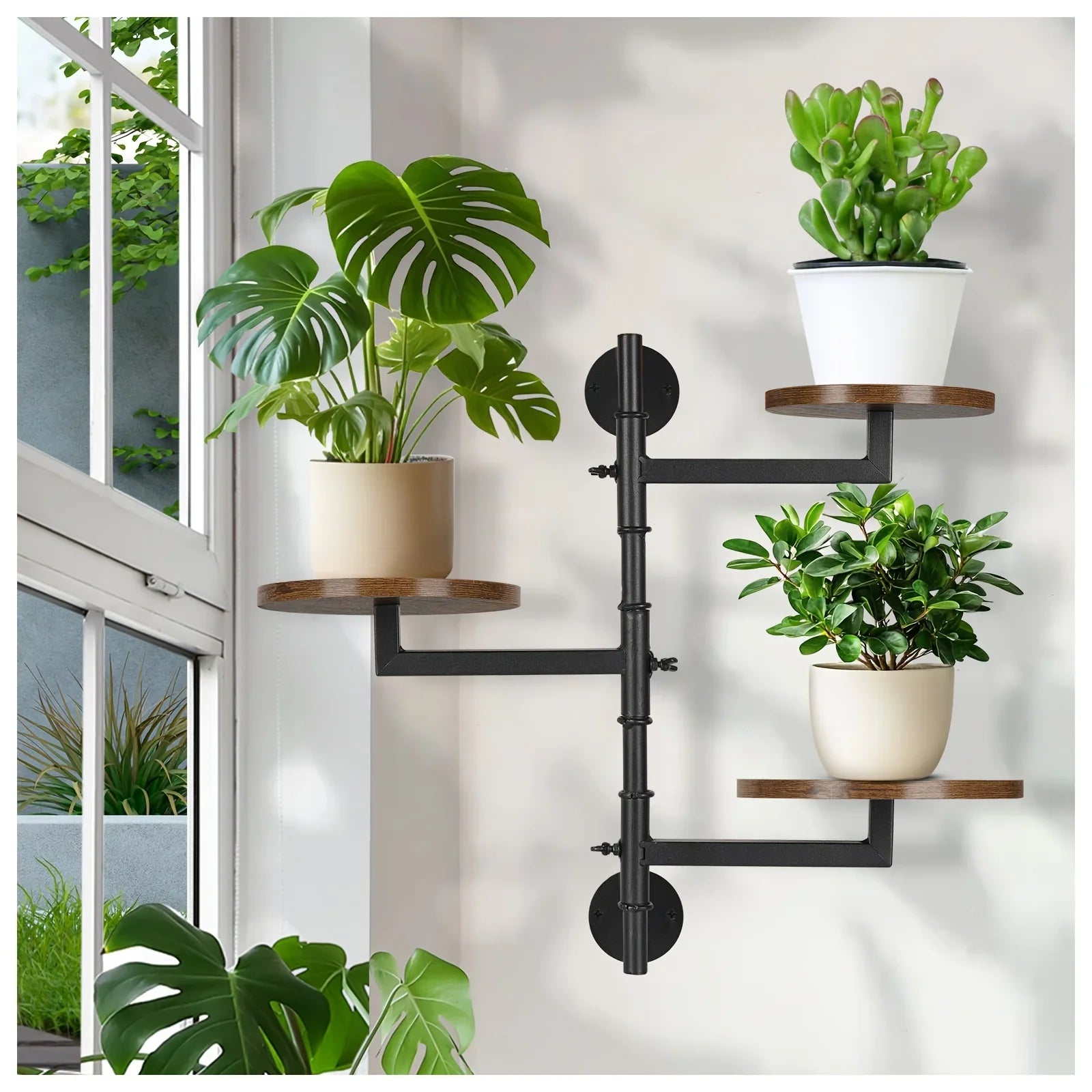 Wooden Rotatable Window Sill Plant Stand, 3 Tier Wall Plant Stand, 180 Degree Rotating Plant Stand, Mid-Century Wooden Style Plant Stand For Indoor And Outdoor Decoration (black)