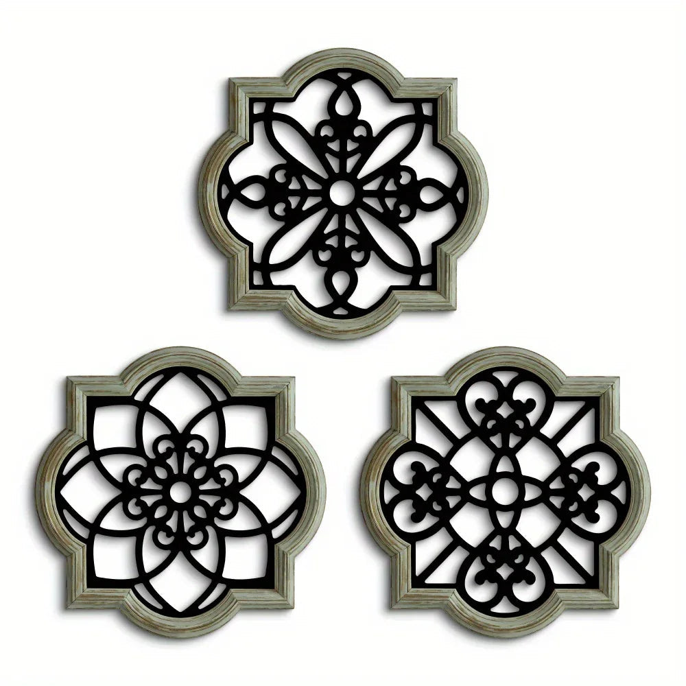 Wooden Wall Hanging Decor - 3pcs Black Floral Design Plaques