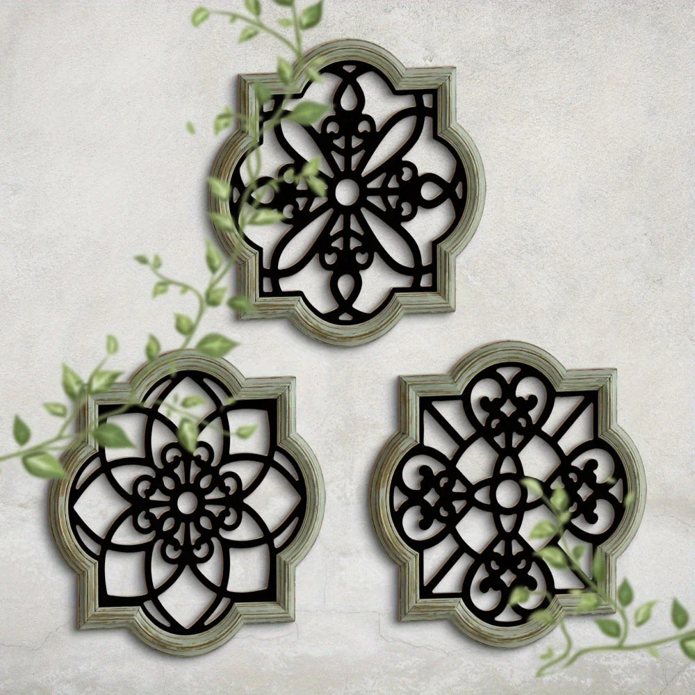 Wooden Wall Hanging Decor - 3pcs Black Floral Design Plaques