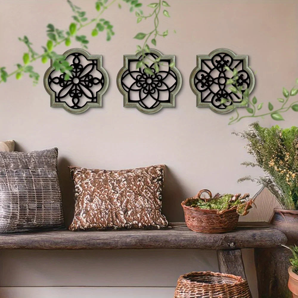 Wooden Wall Hanging Decor - 3pcs Black Floral Design Plaques